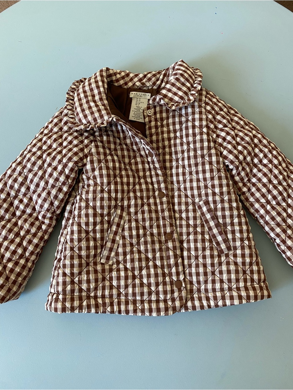 Toddler 3T Brown and White Gingham Quilted Puffer Jacket with Peter Pan Collar